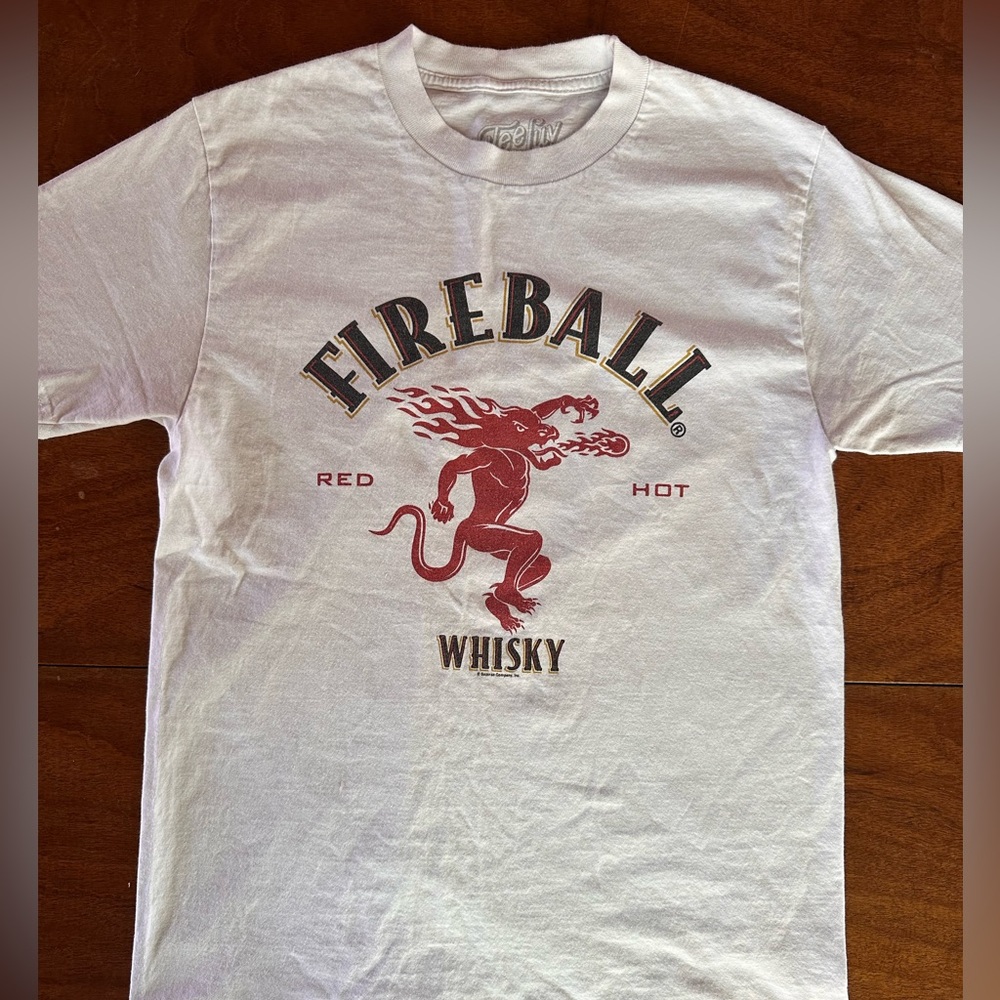 Fireball Whisky Graphic Tee Small White Double Sided Red Hot Devil Shirt - Picture 2 of 4
